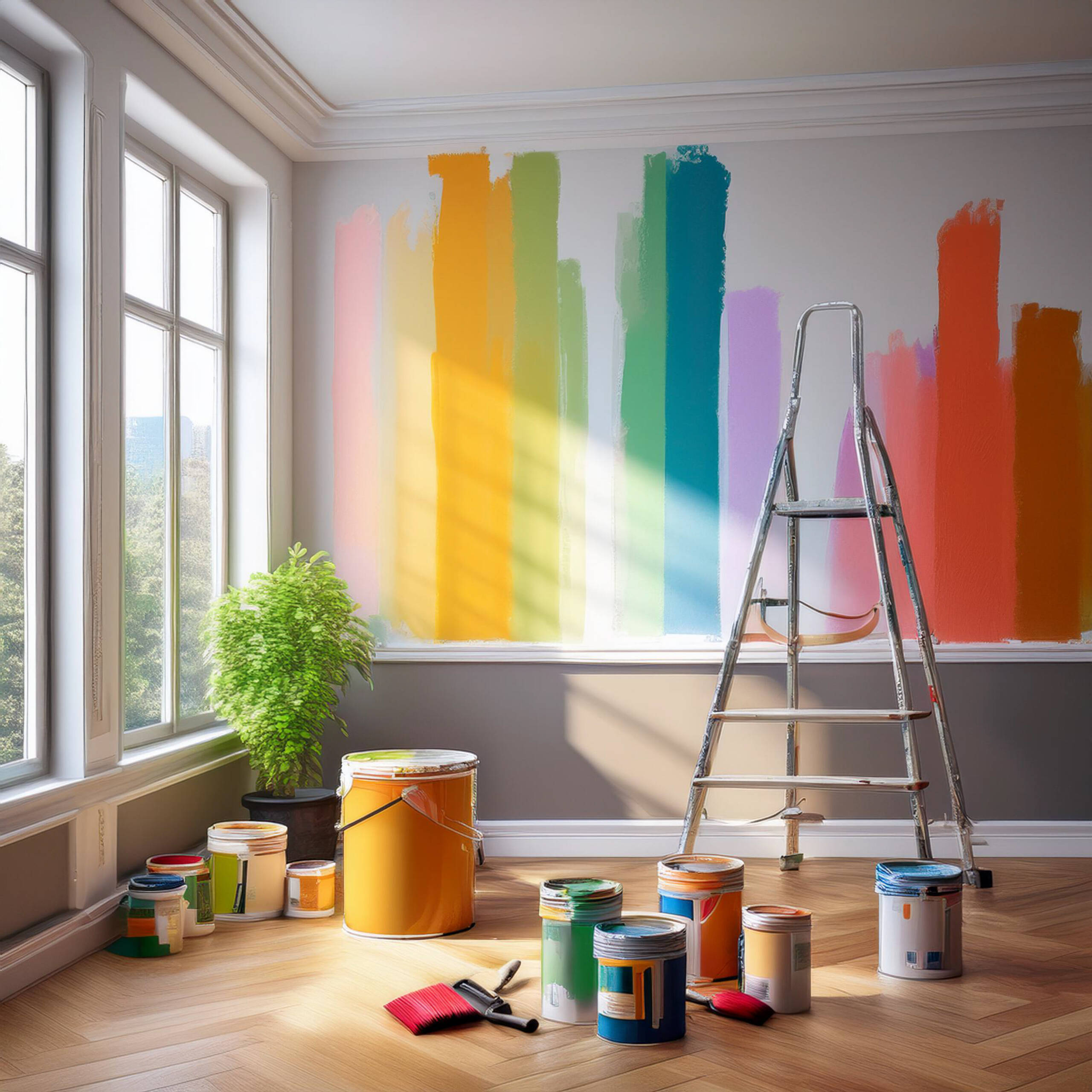colorful-wall-renovation-bright-room-with-painting-supplies-ladder colorful-wall-renovation-bright-room-with-painting-supplies-ladder